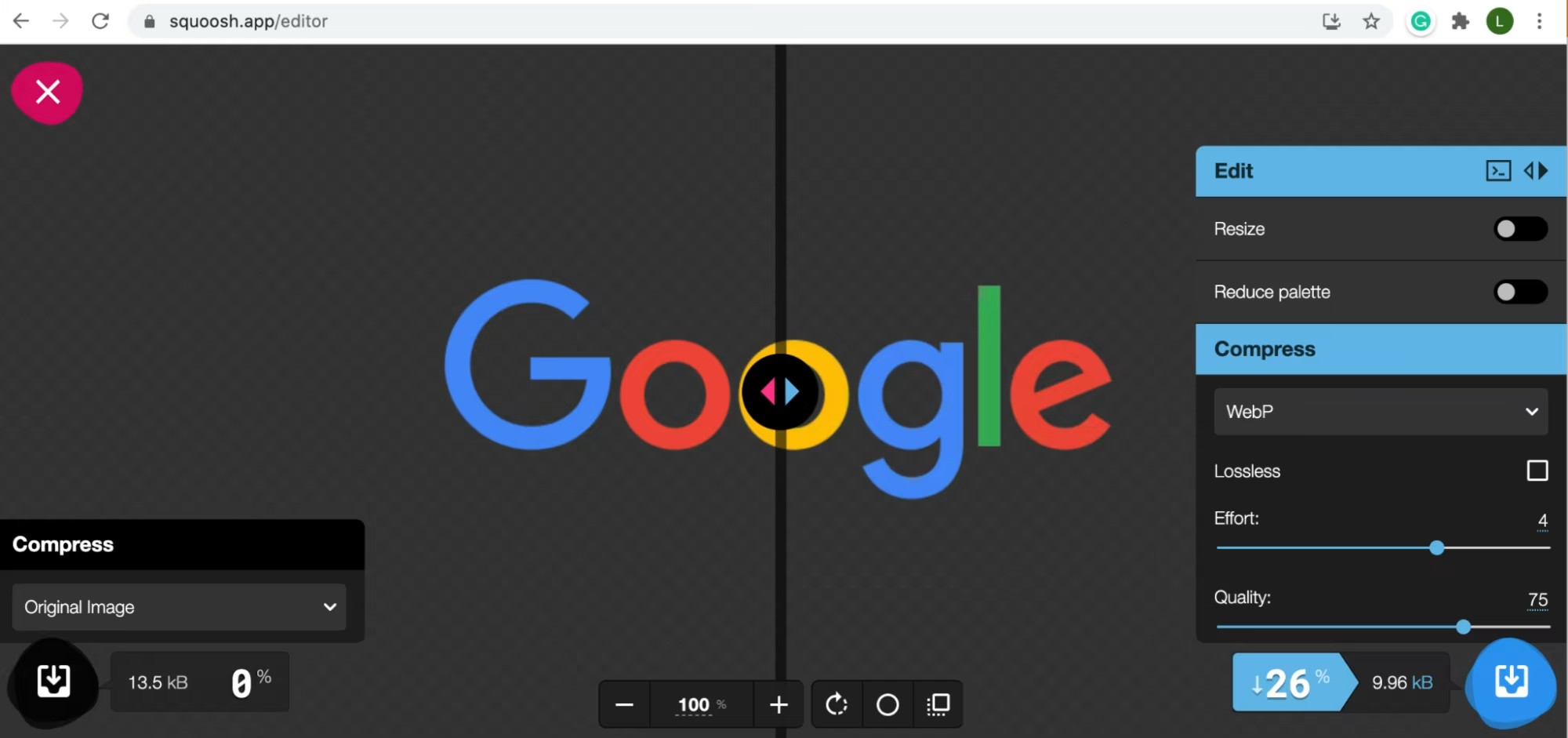 این تصویر، یک فایل PNG با پس&zwnj;زمینه شفاف را در سمت چپ و نسخه متناظر آن با فرمت WebP را در سمت راست نشان می&zwnj;دهد که با استفاده از اپلیکیشن Squoosh تولید شده و حجم آن ۲۶ درصد کاهش یافته است.